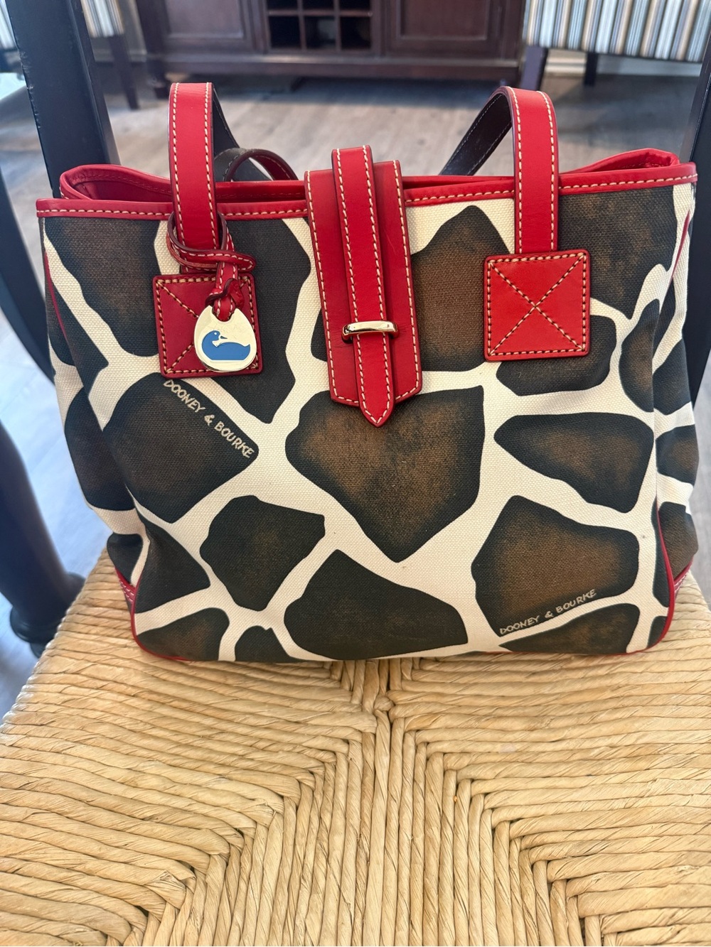 Dooney & Bourke Brown Giraffe-Print Canvas Tote with Red Trim